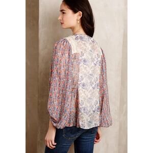 Anthro HD in Paris Chinoiserie Peasant Top Cottagecore Floral Blouse Women's 00P